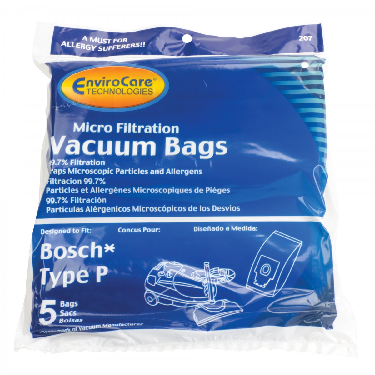 Sac microfiltre pour aspirateur Bosch type P – Envirocare 207 – Paquet de 5