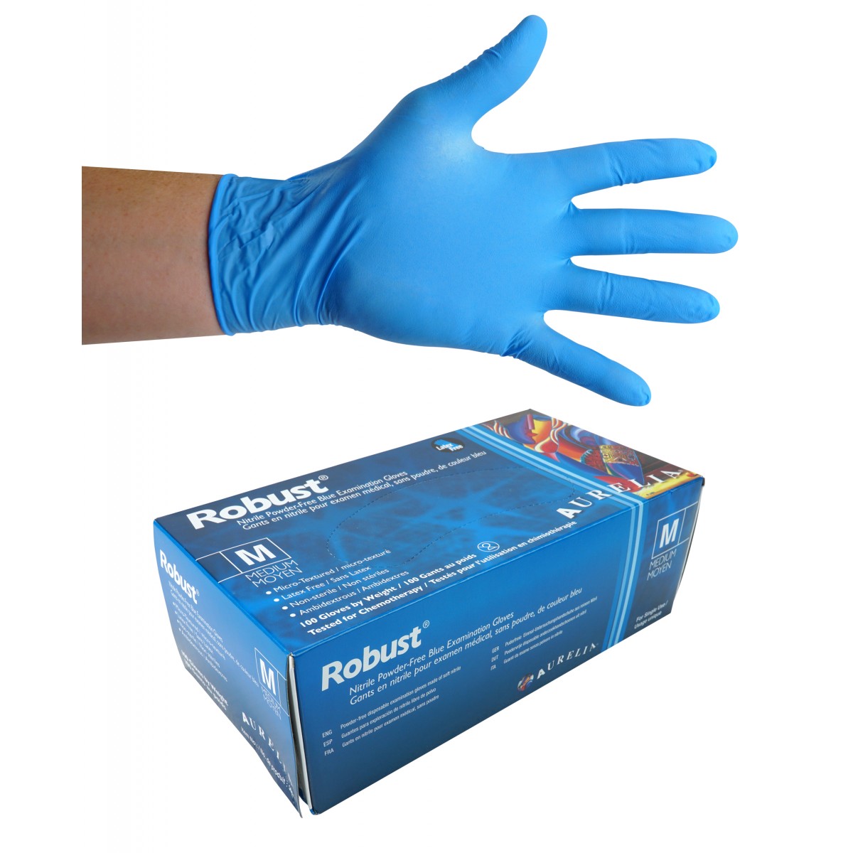 Auralie 5mm Blue Nitrile Gloves, Box of 100, Medium